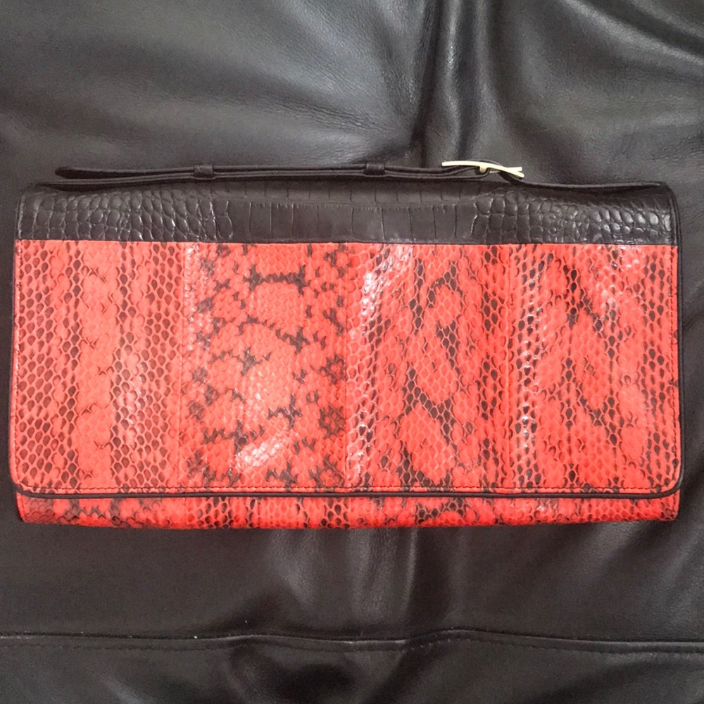 Dries Van Noten red and black snakeskin clutch